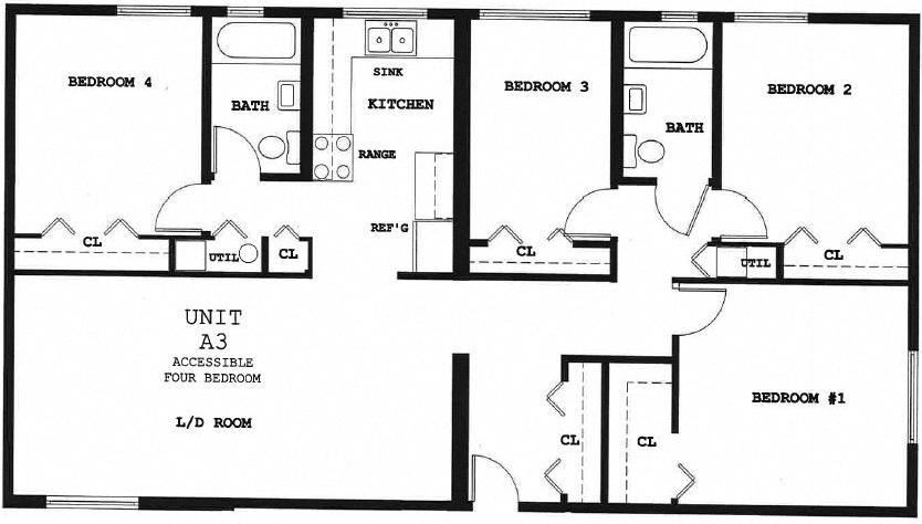 Floor plan for 4 beds, 2 baths